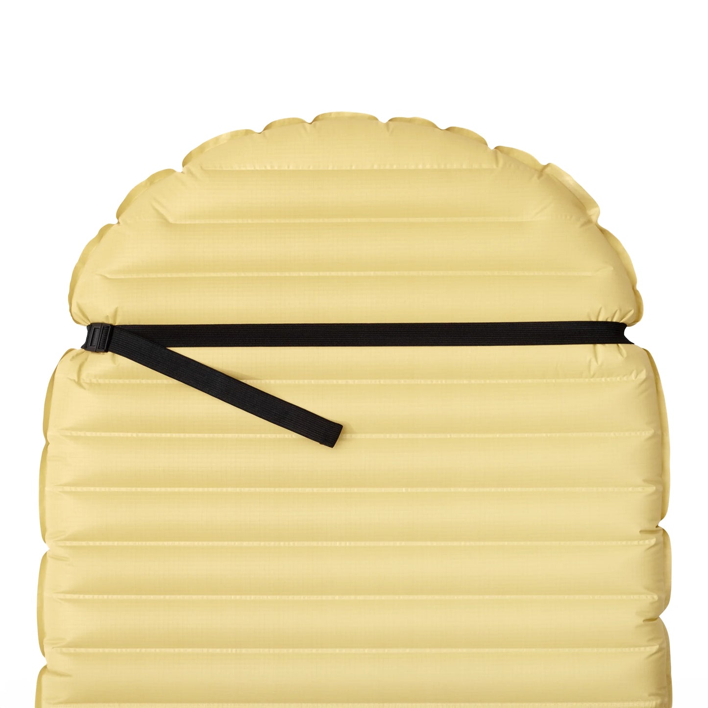 Bottom view of sleeping pad with pillow strap attached showing flat buckle and strap.