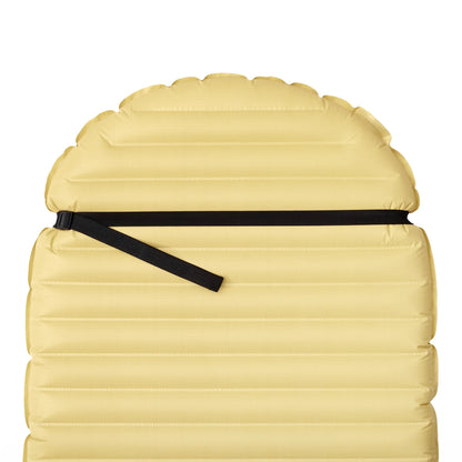 Bottom view of sleeping pad with pillow strap attached showing flat buckle and strap.