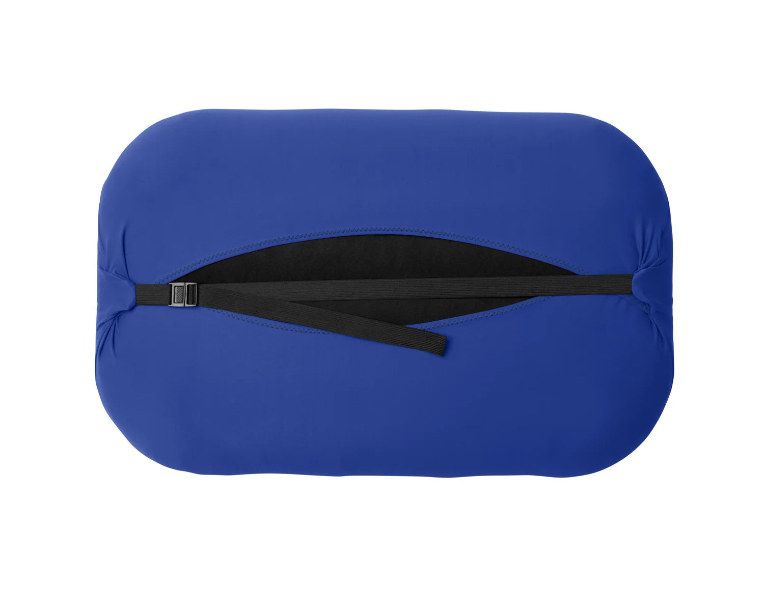 Trifold enclosure and strap of large in blue Pillow Strap to securely hold camp pillow to sleeping pad.