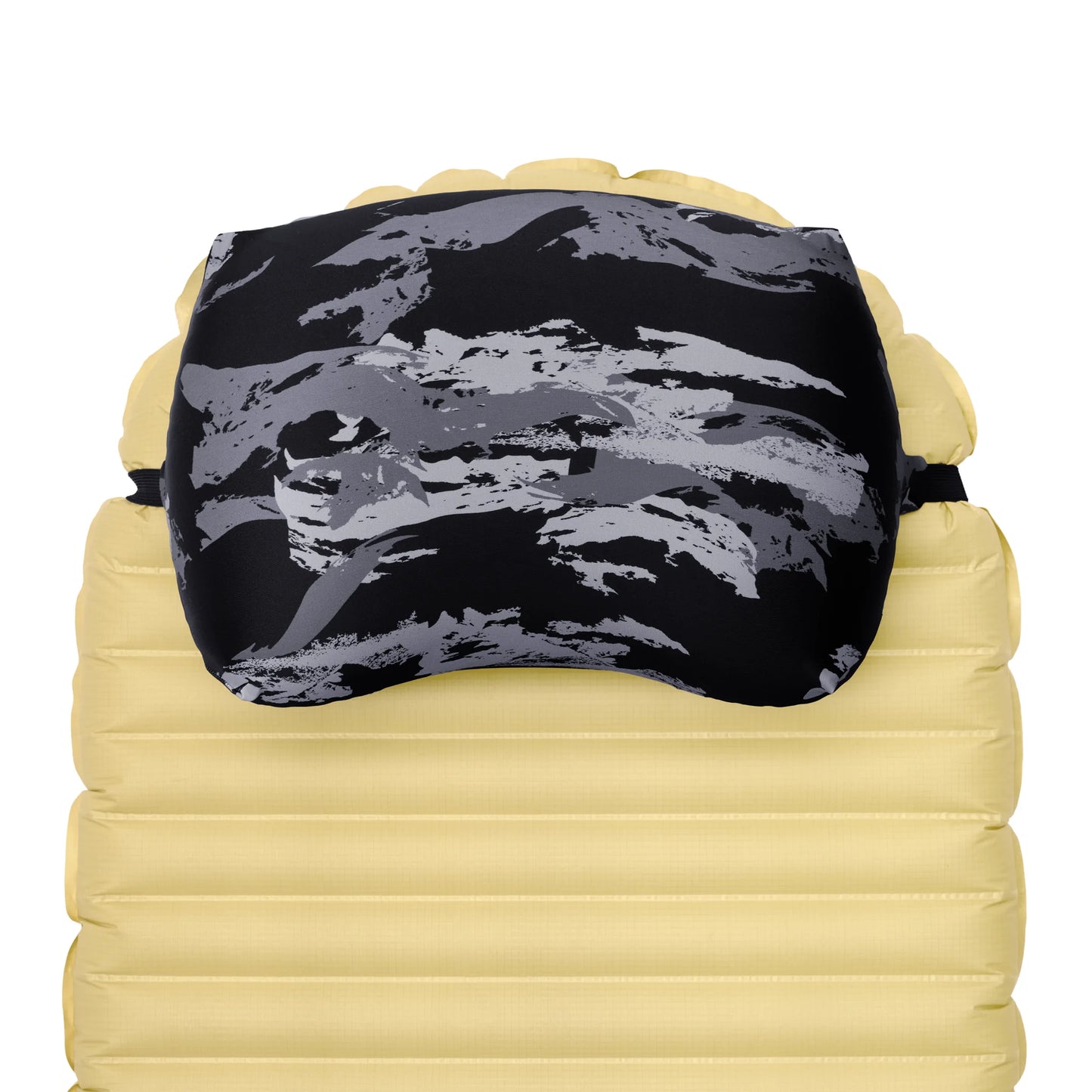 Pillow Strap Small size camping pillow case in Night Shadows on a sleeping pad. Overhead image.