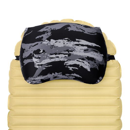 Pillow Strap Small size camping pillow case in Night Shadows on a sleeping pad. Overhead image.