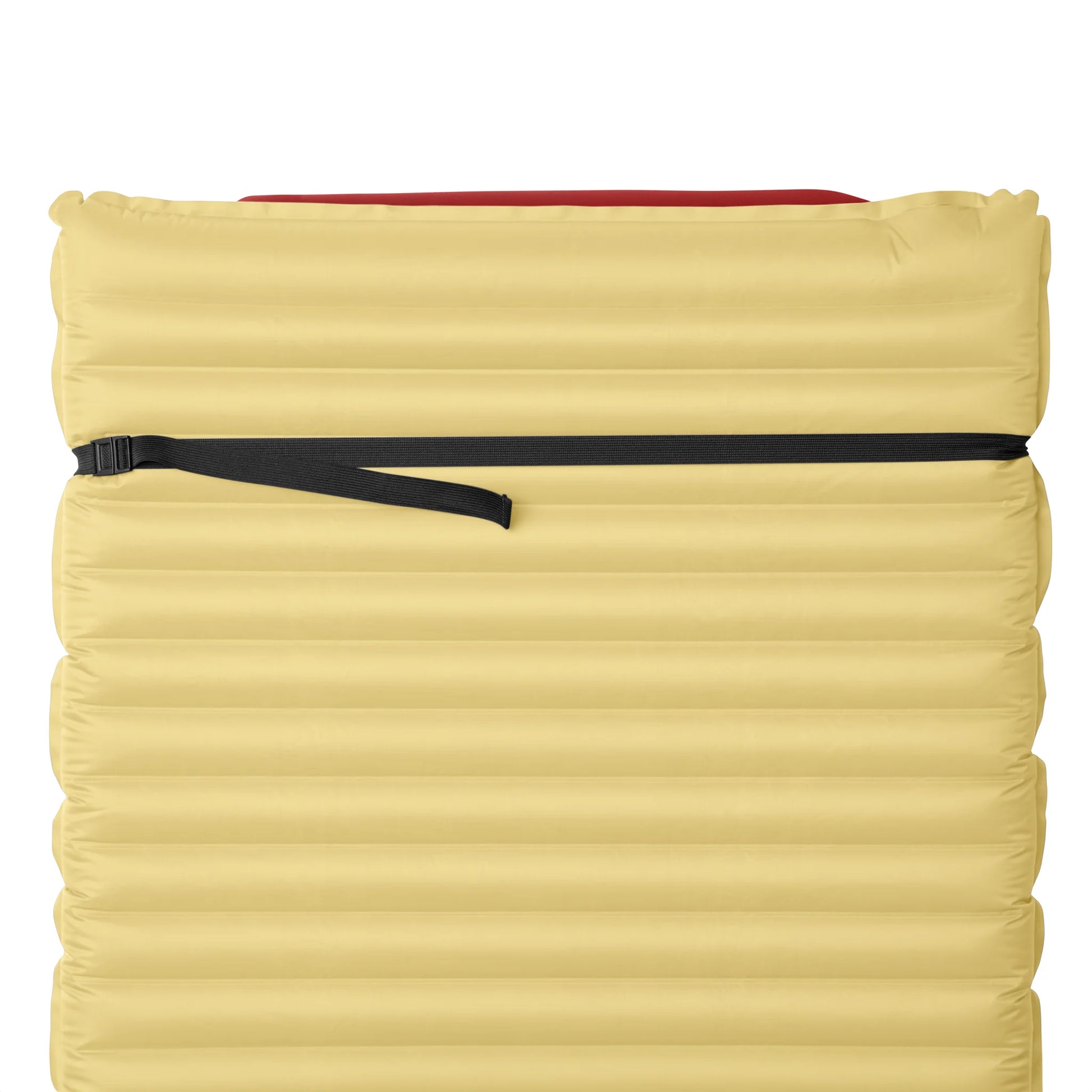 Bottom view of sleeping pad with pillow strap attached showing flat buckle and strap.
