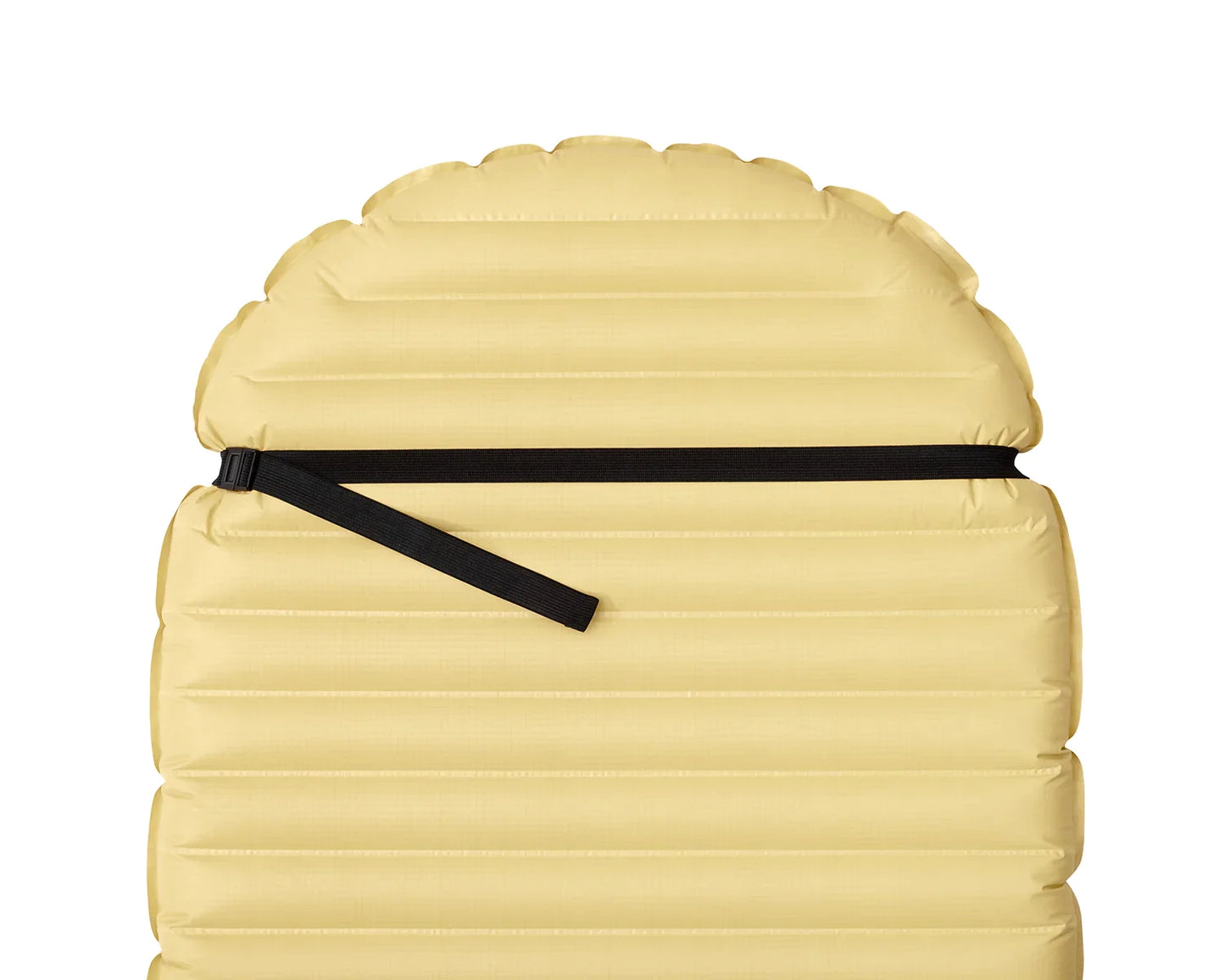 Bottom view of sleeping pad with pillow strap attached showing flat buckle and strap.