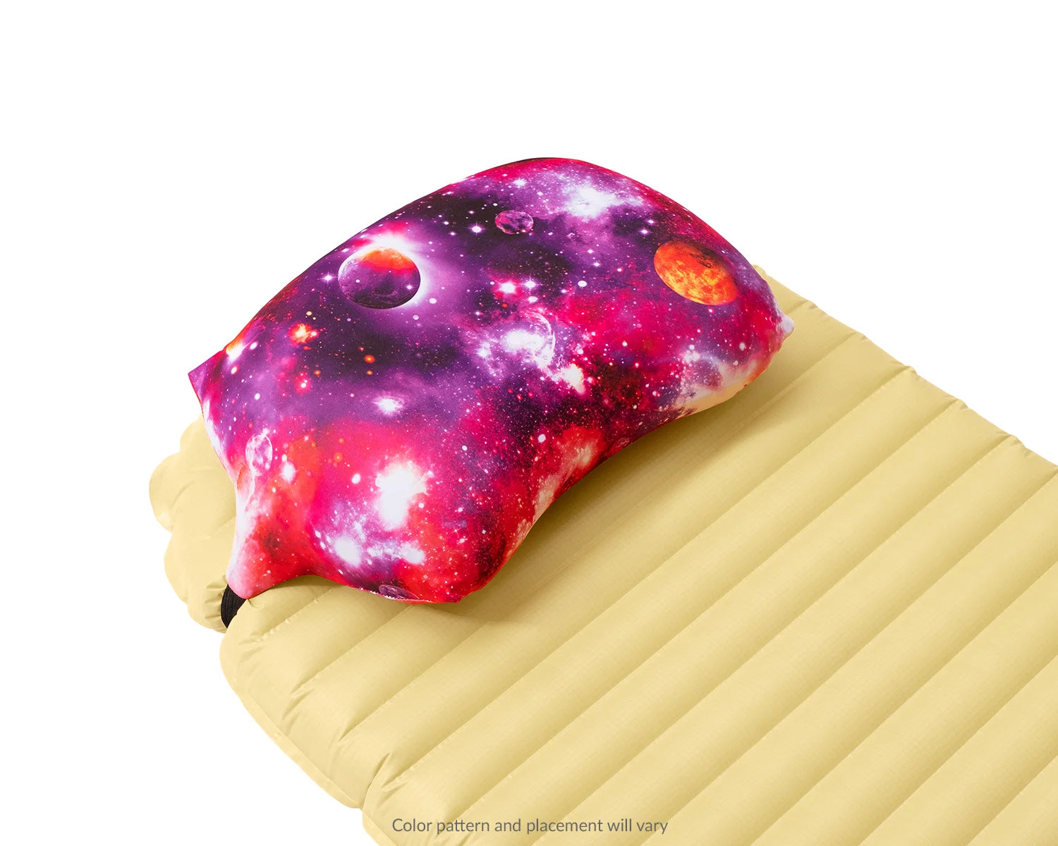 Pillow Strap small size camping pillow case in galaxy on a sleeping pad. Three quarter view.