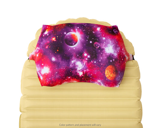 Pillow Strap small size camping pillow case in galaxy on a sleeping pad. Overhead image.
