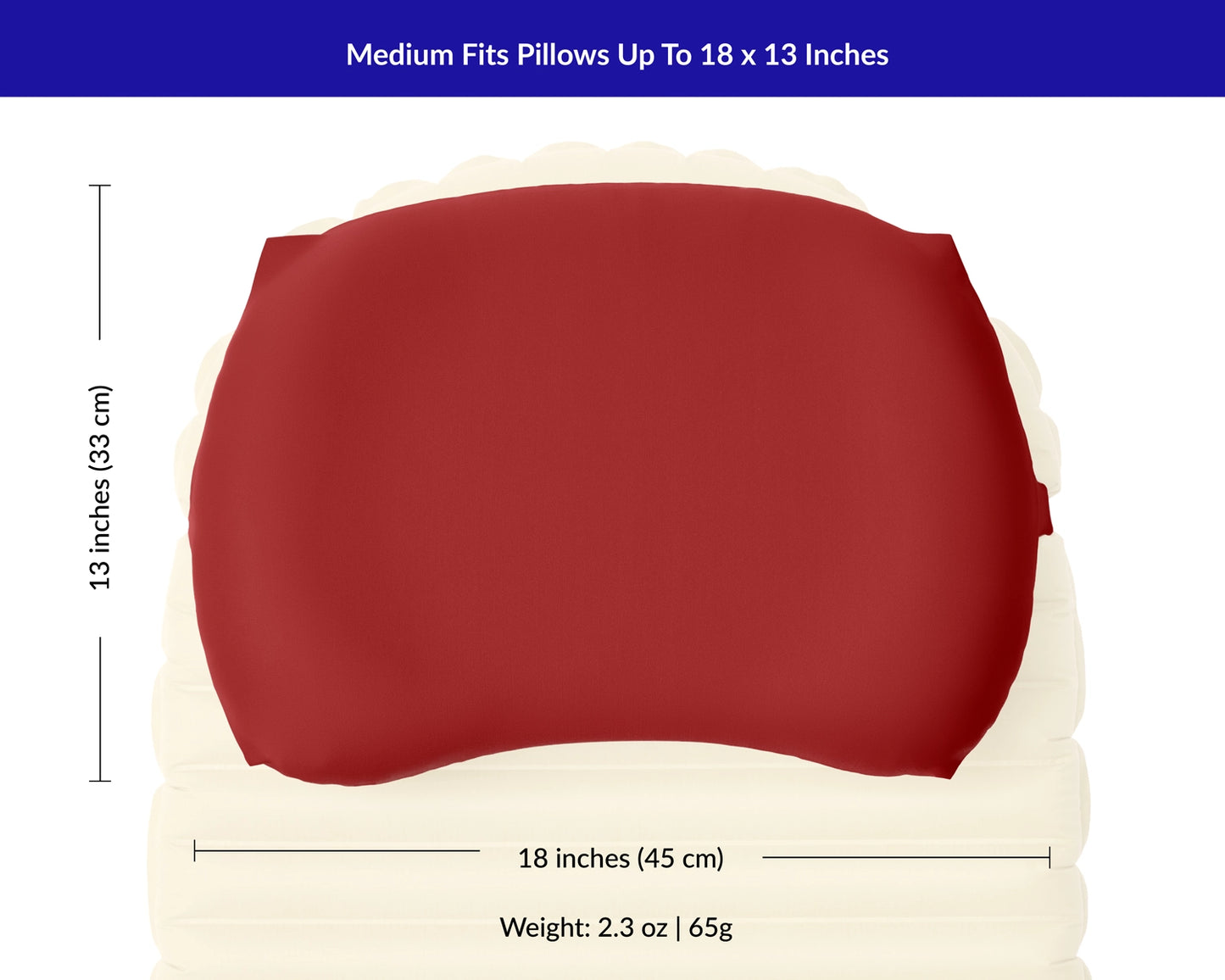 Measurements for maximum camp pillow size for medium Pillow Strap is 18 by 13 inches.