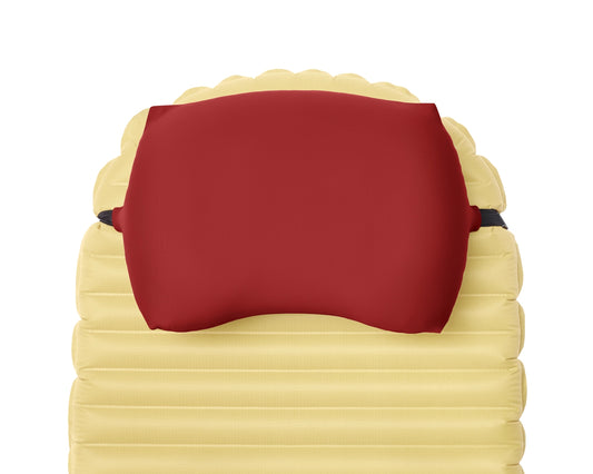 Camping pillowcase for attaching to a sleeping pad. Pillow Strap small in red overhead view.