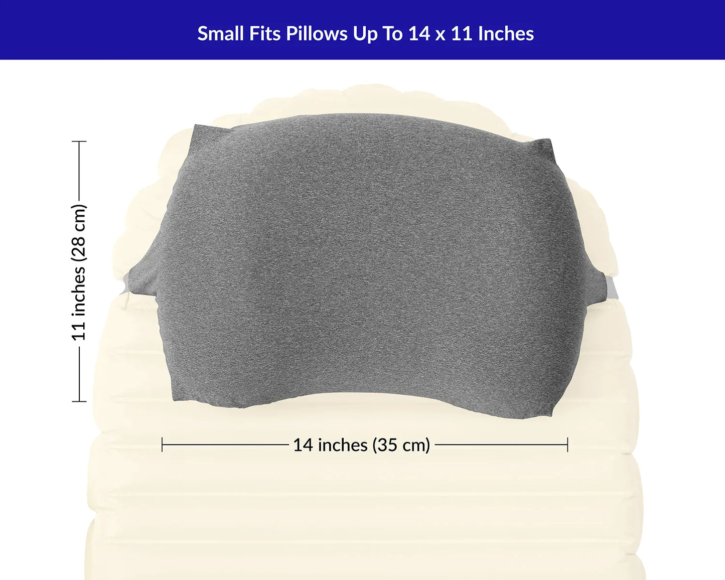 mall size measurements graphic. Fits up to a 14x11 inch inflatable camping pillow.
